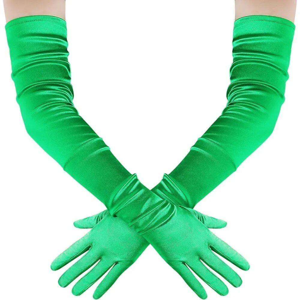Women's Long Satin Gloves Green Stretchy Upper Arm Length Costume Design